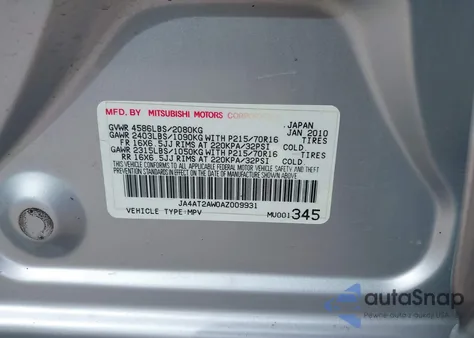 2010 Mitsubishi Outlander Es z USA, uszkodzony, nr VIN JA4AT2AW0AZ009931